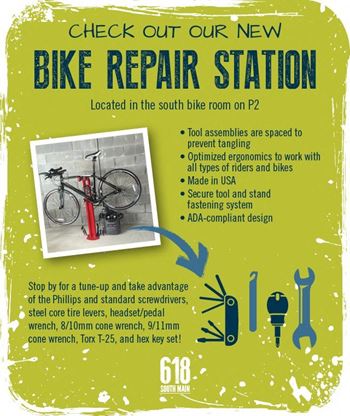 Indoor covered bicycle storage with bike repair station